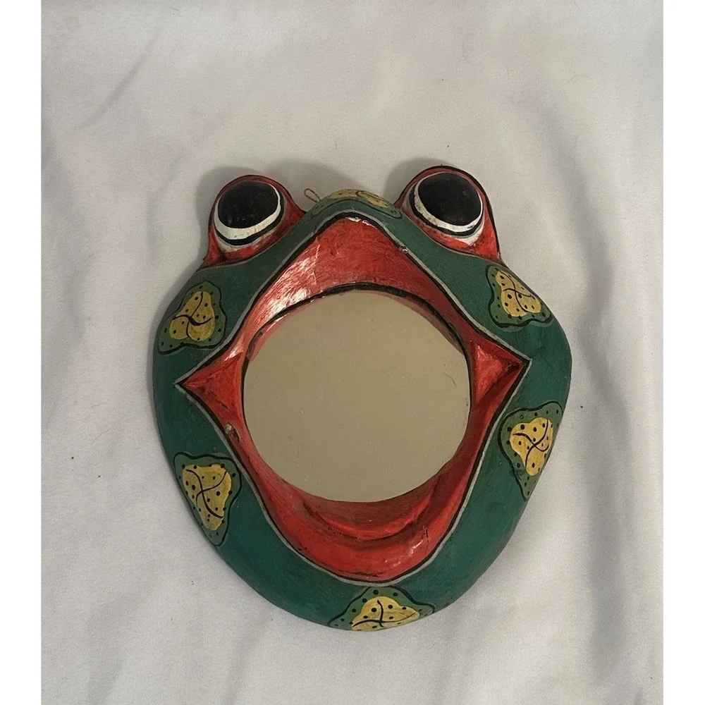 Vintage Hand Carved & Painted Wooden Frog Mirror Wall Hanging - Indonesia